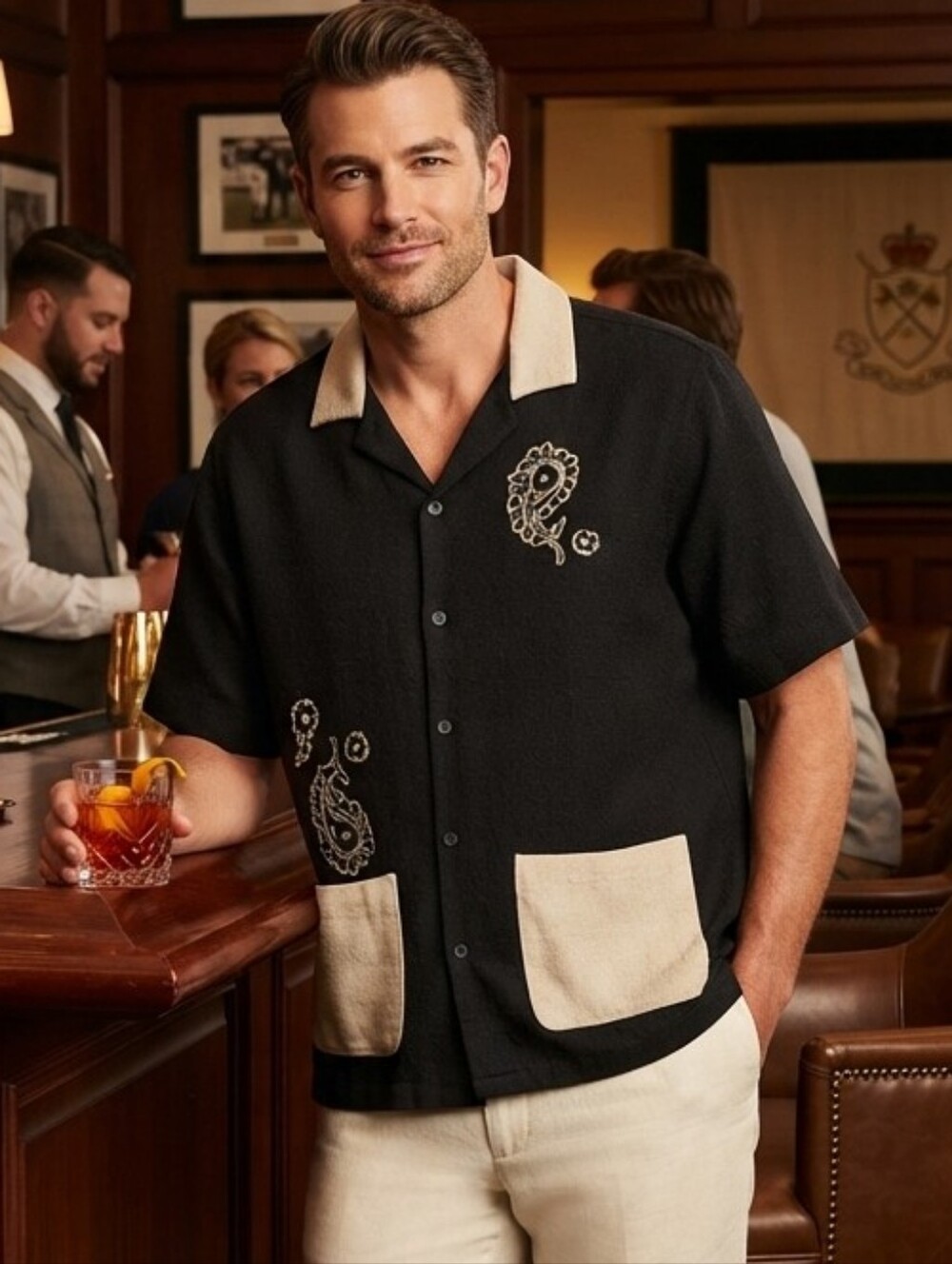 Malibu Black Shirt with Cream Collar and Embroidered Detail